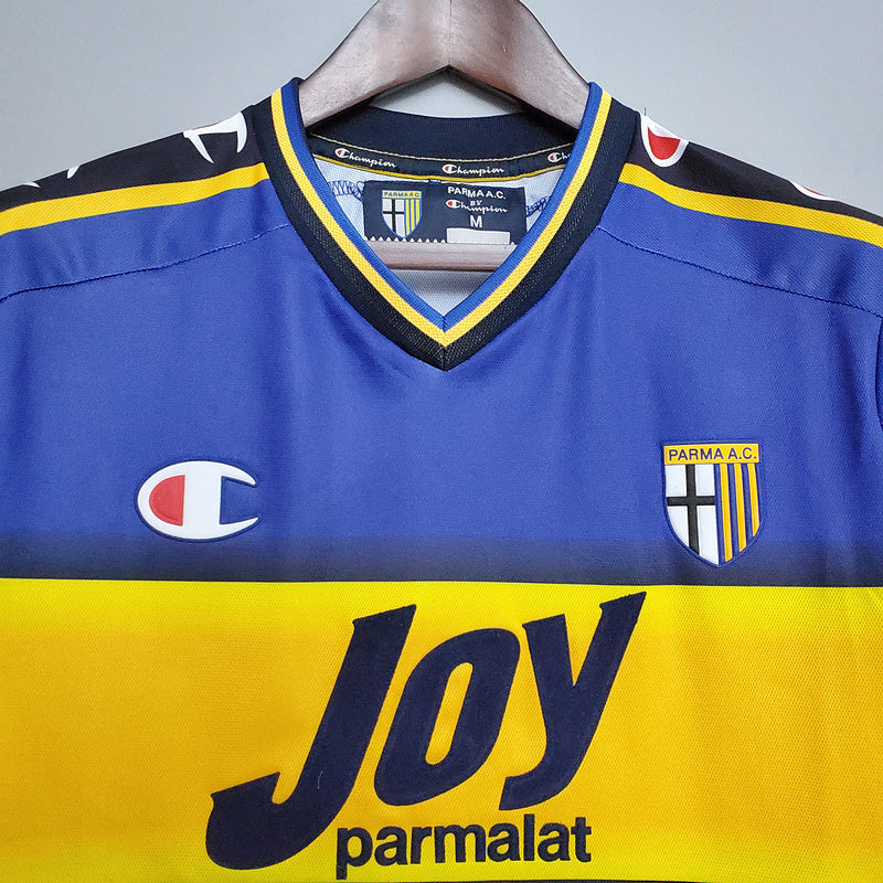 Camiseta Parma Retrô 2001/2002 Azul e Amarela - Champion - detalle del cuello