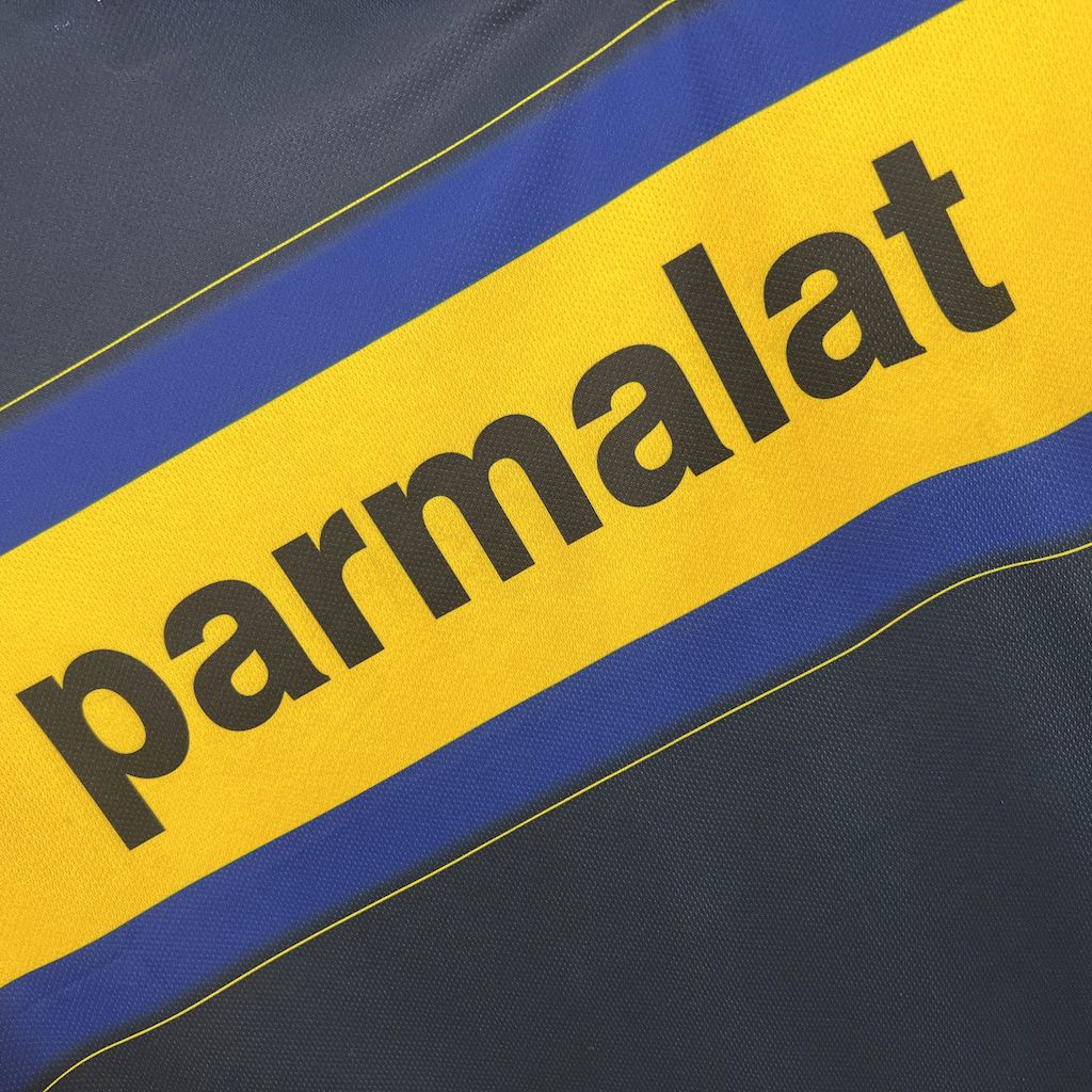 Camiseta Parma Retrô 1999/00 Away Azul e Amarela - detalle de la manga